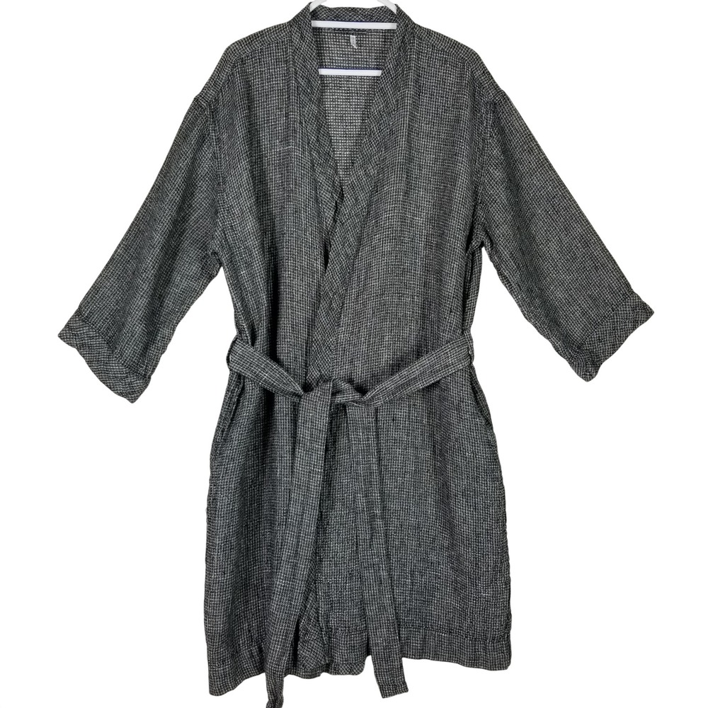 Pottery Barn Linen Robe Women ML Black White Woven Check Belted Bathrobe